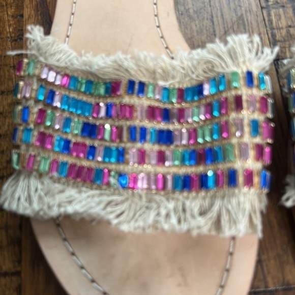 Kate Spade Sandal Raffia Natural Canvas multicolor jewel details size 8 - Picture 3 of 11